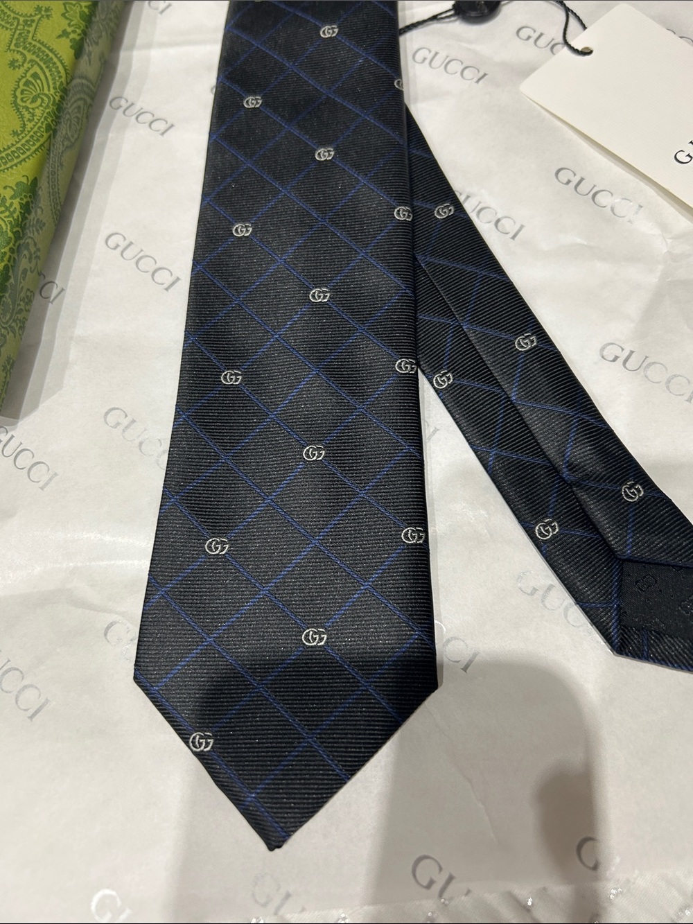 Gucci Black Silk Tie with Navy Windowpane and GG Motif - Picture 2 of 3